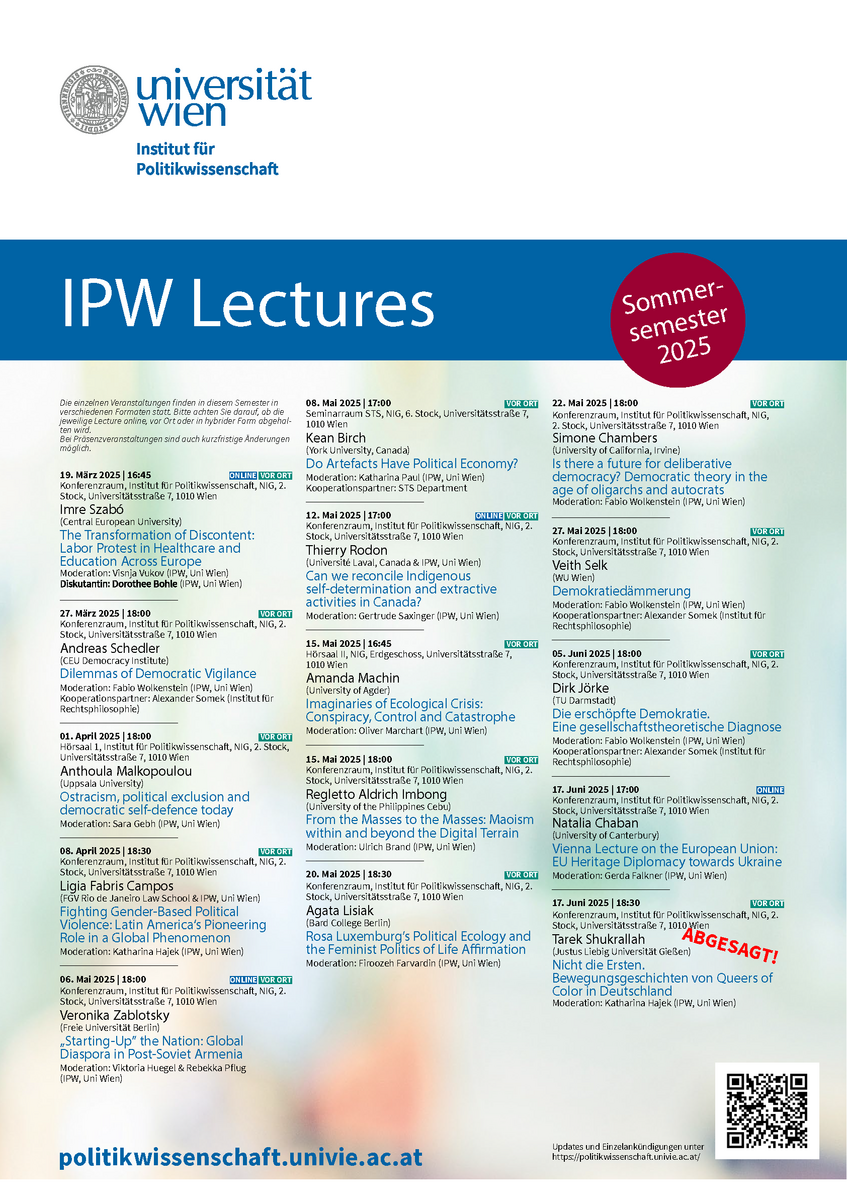 Übersichtsplakat der internationalen Gastvortrags- und Veranstaltungsreihe „IPW Lectures“ am Institut für Politikwissenschaft der Universität Wien im Sommersemester 2025 (Klick zum Download als PDF-Datei).